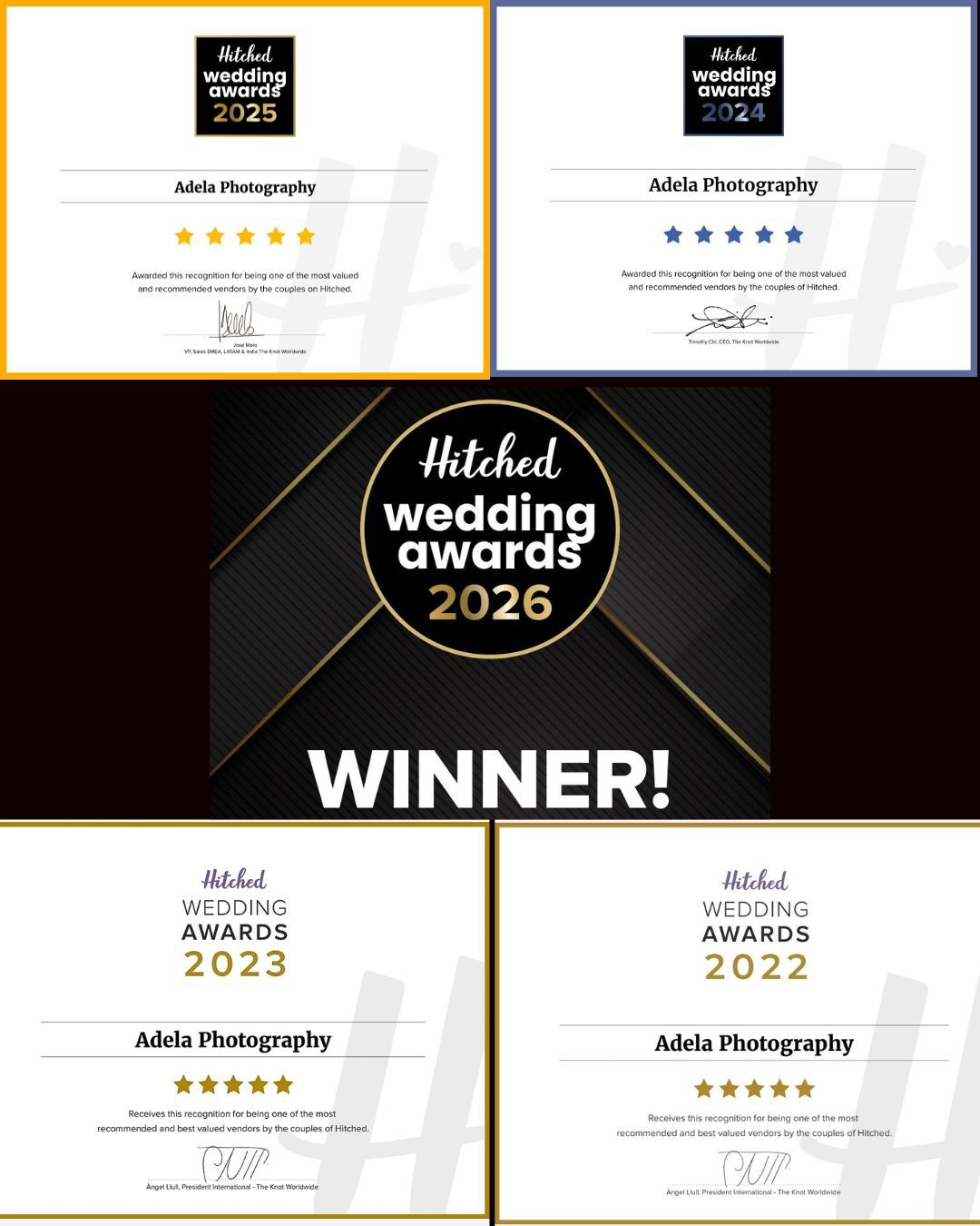 Image for I take pride in being highly recommended and well-valued by couples, and I’m honored to have received awards from Hitched for 2022, 2023, 2024, 2025 and 2026.